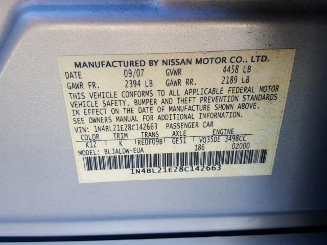 1N4BL21E28C142663 - 2008 NISSAN ALTIMA 3.5 SILVER photo 10