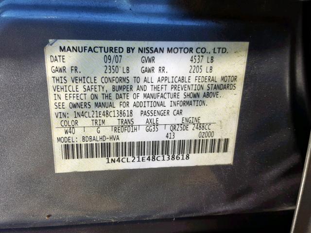 1N4CL21E48C138618 - 2008 NISSAN ALTIMA HYB SILVER photo 10