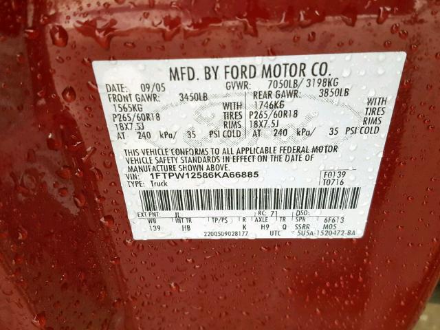 1FTPW12586KA66885 - 2006 FORD 150 PU SCI BURGUNDY photo 10