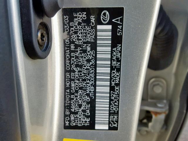 JTHBF30G830136725 - 2003 LEXUS ES 300 SILVER photo 10