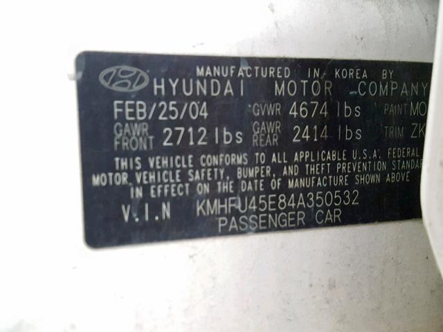 KMHFU45E84A350532 - 2004 HYUNDAI XG 350 WHITE photo 10