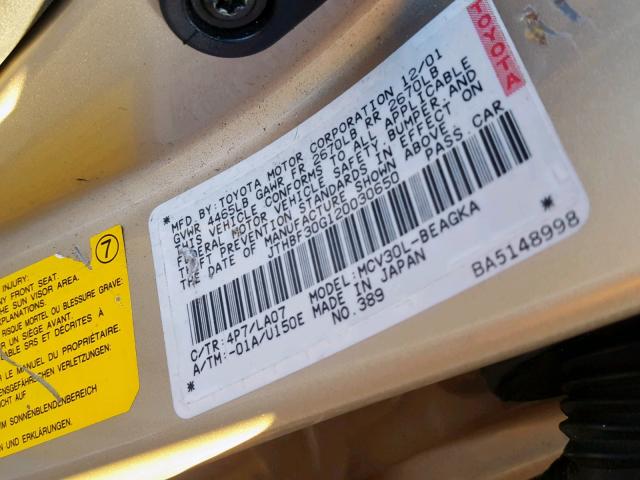 JTHBF30G120030650 - 2002 LEXUS ES 300 GOLD photo 10