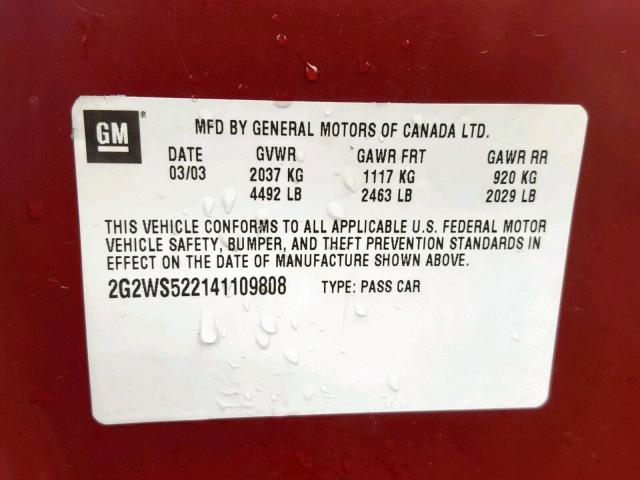 2G2WS522141109808 - 2004 PONTIAC GRAND PRIX ბურგუნდია ფოტო 10