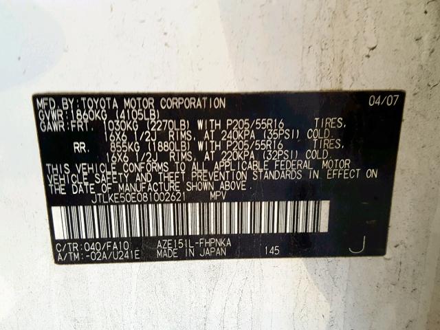 JTLKE50E081002621 - 2008 TOYOTA SCION XB WHITE photo 10