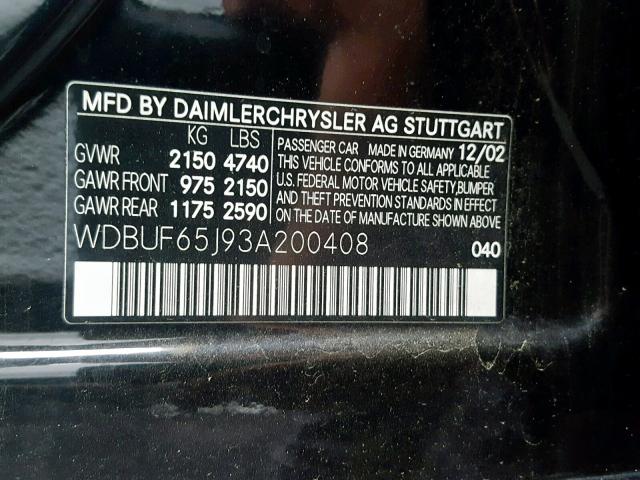 WDBUF65J93A200408 - 2003 MERCEDES-BENZ E 320 BLACK photo 10