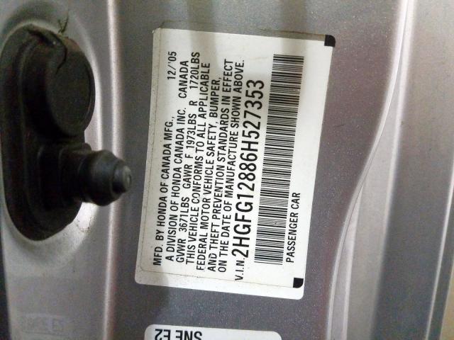 2HGFG12886H527353 - 2006 HONDA CIVIC EX SILVER photo 10