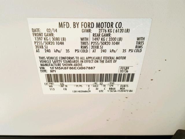 1FM5K8F86EGB67887 - 2014 FORD EXPLORER L WHITE photo 10