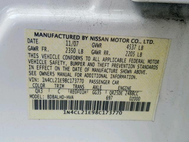 1N4CL21E98C173770 - 2008 NISSAN ALTIMA HYB WHITE photo 10