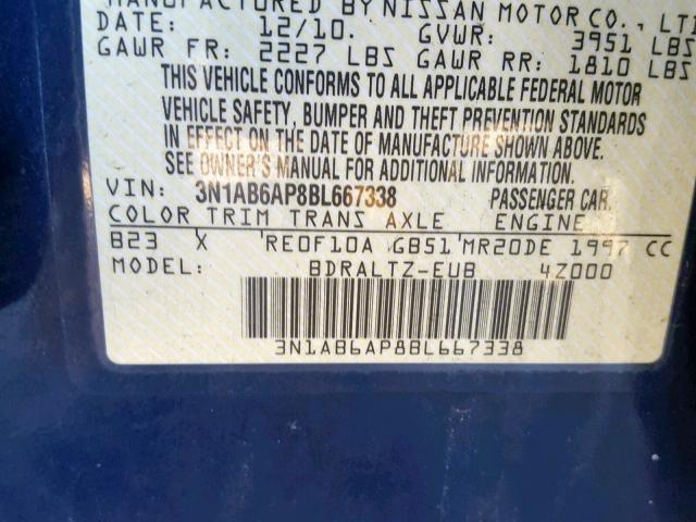 3N1AB6AP8BL667338 - 2011 NISSAN SENTRA 2.0 BLUE photo 10