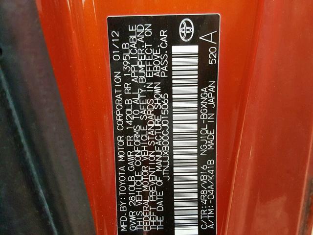 JTNJJXB00CJ015065 - 2012 TOYOTA SCION IQ ORANGE photo 10