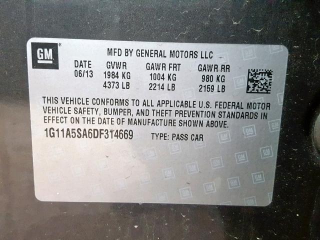 1G11A5SA6DF314669 - 2013 CHEVROLET MALIBU LS 灰色 照片 10