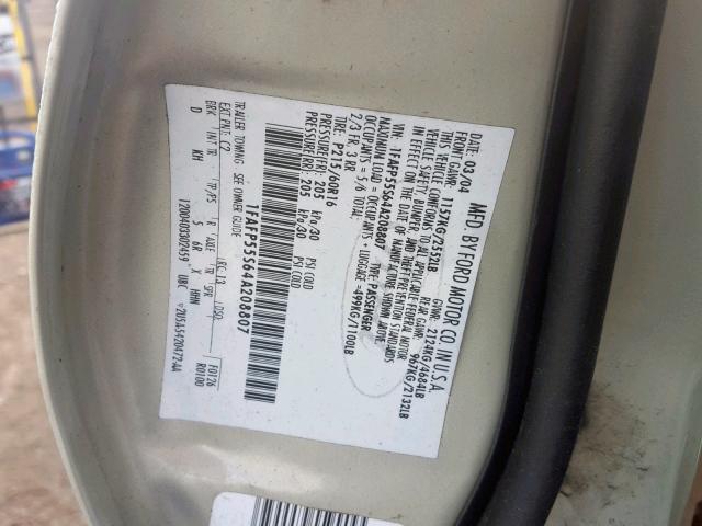 1FAFP55S64A208807 - 2004 FORD TAURUS SES SILVER photo 10