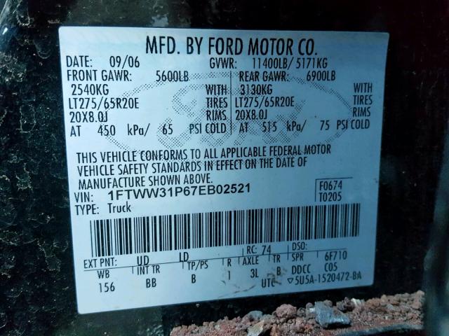 1FTWW31P67EB02521 - 2007 FORD F350 SRW S BLACK photo 10