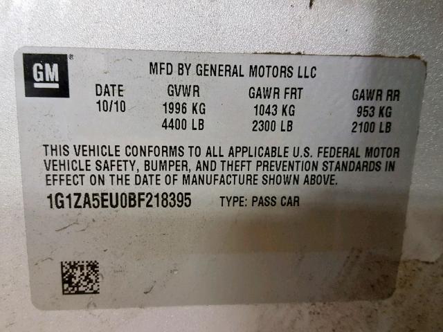 1G1ZA5EU0BF218395 - 2011 CHEVROLET MALIBU LS ვერცხლისფერი ფოტო 10