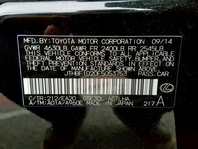 JTHBF1D20F5053753 - 2015 LEXUS IS 250 BLACK photo 10