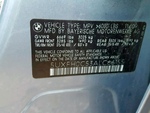 5UXFH0C53ALC66155 - 2010 BMW X6 HYBRID BLUE photo 10