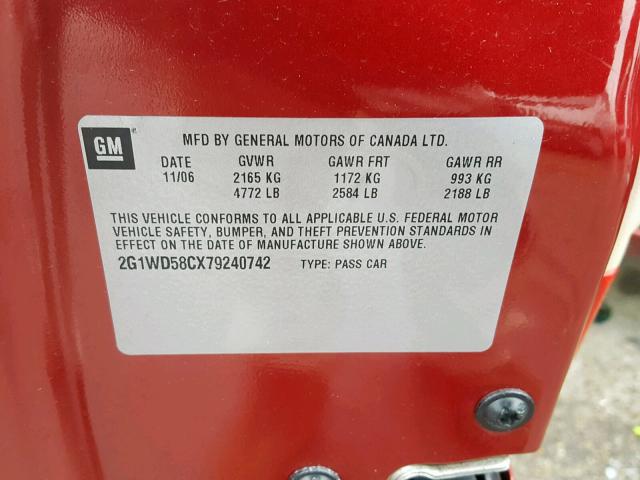 2G1WD58CX79240742 - 2007 CHEVROLET IMPALA SUP წითელი ფოტო 10