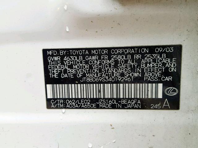 JT8BD69S340192961 - 2004 LEXUS GS 300 WHITE photo 10