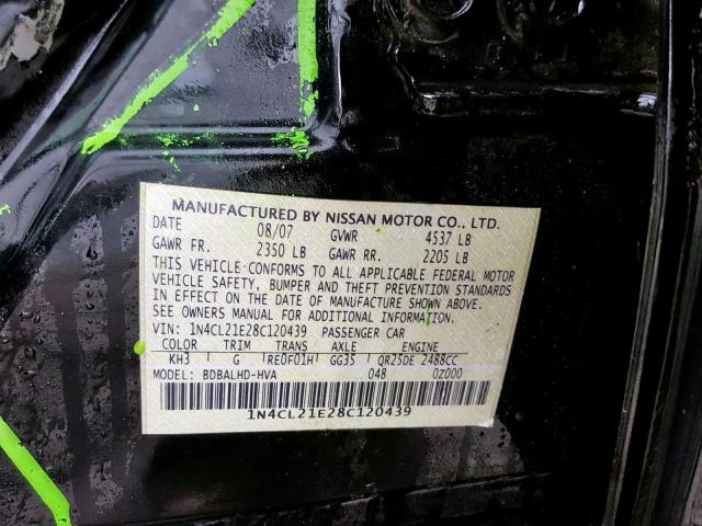 1N4CL21E28C120439 - 2008 NISSAN ALTIMA HYB BLACK photo 10