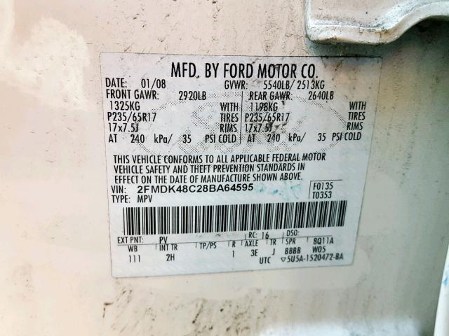 2FMDK48C28BA64595 - 2008 FORD EDGE SEL WHITE photo 10