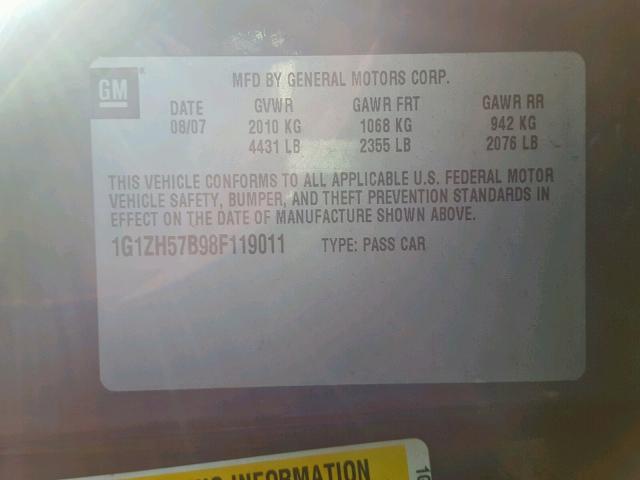1G1ZH57B98F119011 - 2008 CHEVROLET MALIBU 1LT ნაცრისფერი ფოტო 10
