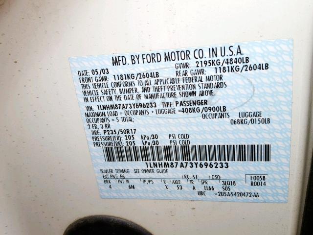 1LNHM87A73Y696233 - 2003 LINCOLN LS WHITE photo 10