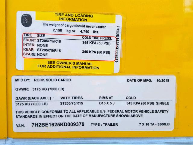 7H2BE1625KD009379 - 2019 ROCK CARGO TRAI YELLOW photo 10