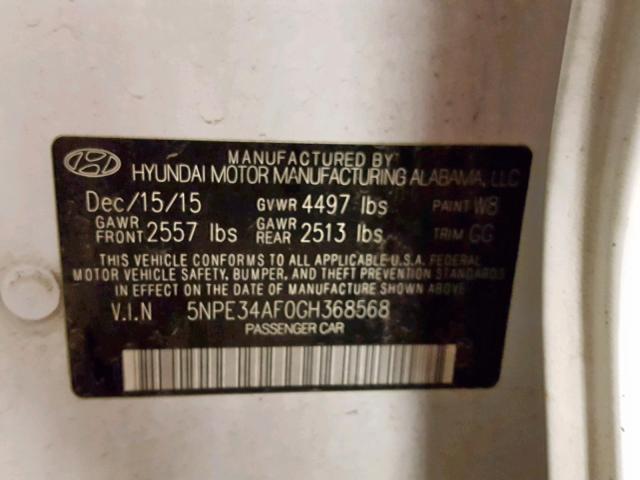 5NPE34AF0GH368568 - 2016 HYUNDAI SONATA SPO WHITE photo 10