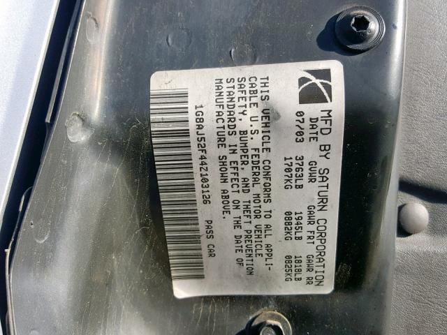 1G8AJ52F44Z103126 - 2004 SATURN ION LEVEL SILVER photo 10