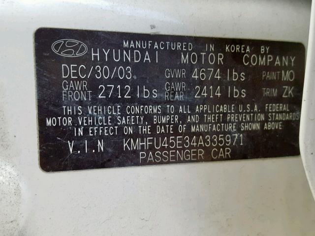 KMHFU45E34A335971 - 2004 HYUNDAI XG 350 WHITE photo 10