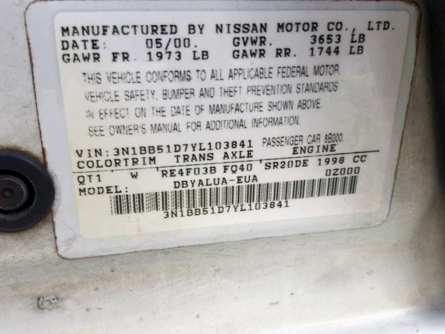 3N1BB51D7YL103841 - 2000 NISSAN SENTRA SE BLACK photo 10