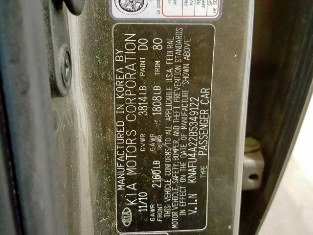 KNAFU4A22B5349122 - 2011 KIA FORTE EX BROWN photo 10