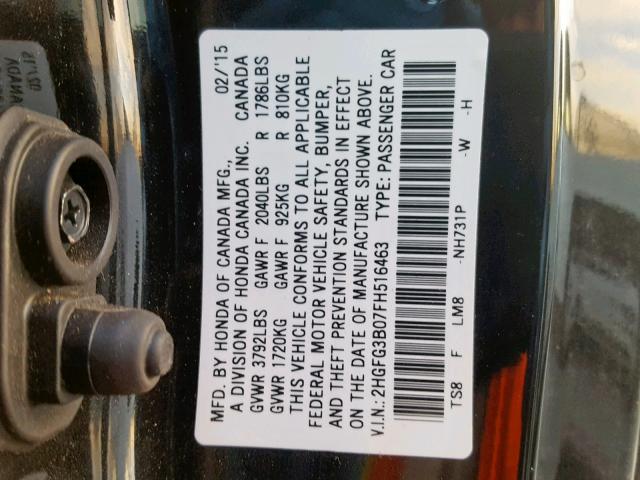 2HGFG3B07FH516463 - 2015 HONDA CIVIC EXL BLACK photo 10