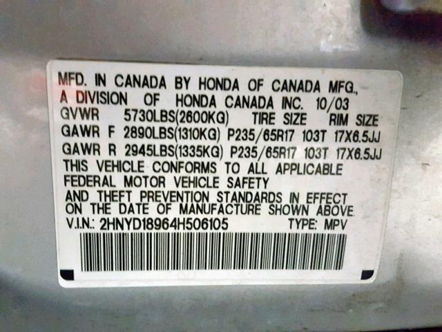 2HNYD18964H506105 - 2004 ACURA MDX TOURIN WHITE photo 10