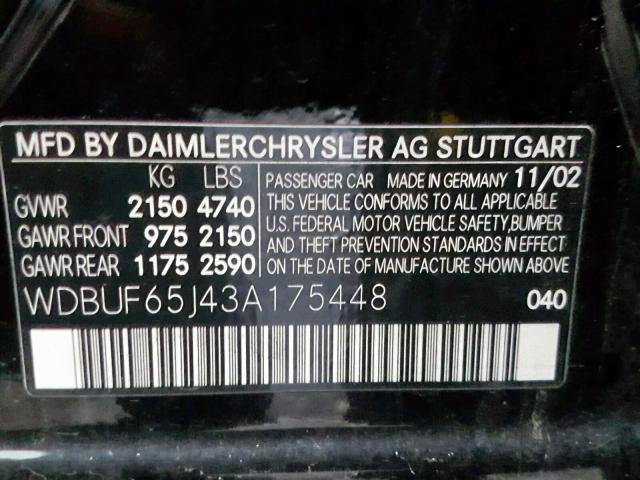 WDBUF65J43A175448 - 2003 MERCEDES-BENZ E 320 BLACK photo 10