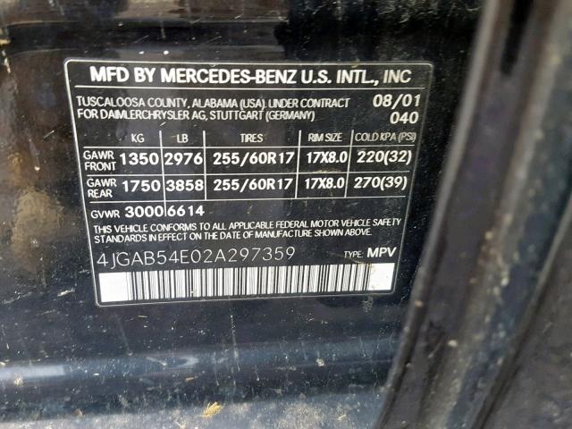 4JGAB54E02A297359 - 2002 MERCEDES-BENZ ML 320 BLACK photo 10