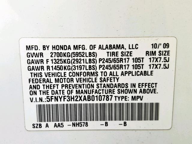 5FNYF3H2XAB010787 - 2010 HONDA PILOT LX WHITE photo 10