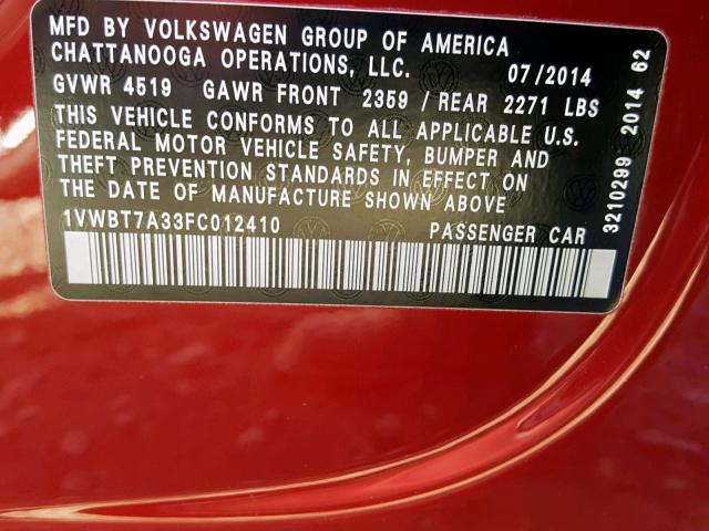 1VWBT7A33FC012410 - 2015 VOLKSWAGEN PASSAT SE RED photo 10