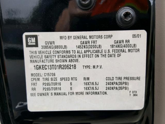 1GKEC13T01R206218 - 2001 GMC YUKON BLACK photo 10