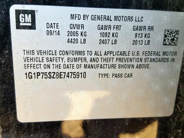 1G1P75SZ8E7475910 - 2014 CHEVROLET CRUZE BLACK photo 10