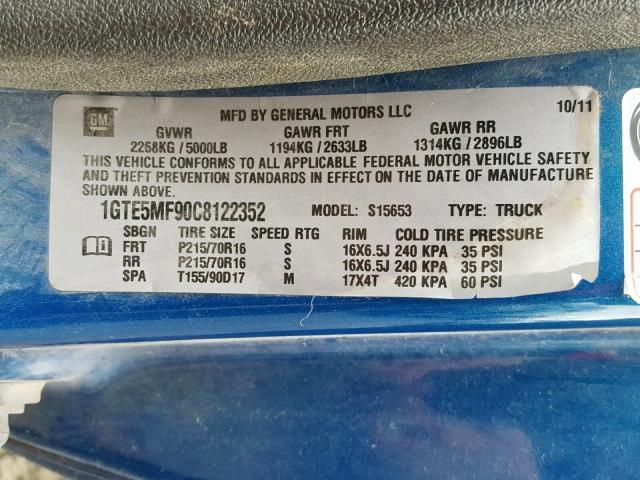 1GTE5MF90C8122352 - 2012 GMC CANYON SLE BLUE photo 10