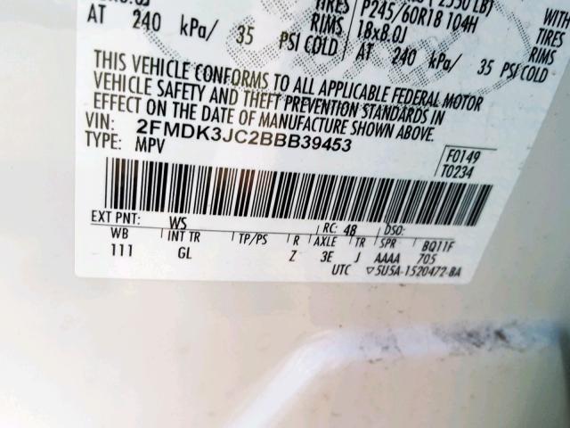 2FMDK3JC2BBB39453 - 2011 FORD EDGE SEL WHITE photo 10