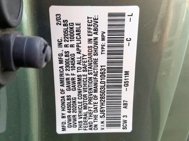 5J6YH28503L010631 - 2003 HONDA ELEMENT EX GREEN photo 10