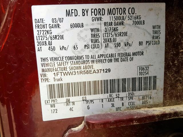 1FTWW31R58EA37129 - 2008 FORD F350 SRW S MAROON photo 10