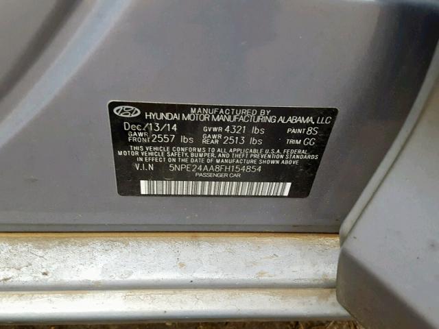 5NPE24AA8FH154854 - 2015 HYUNDAI SONATA ECO SILVER photo 10