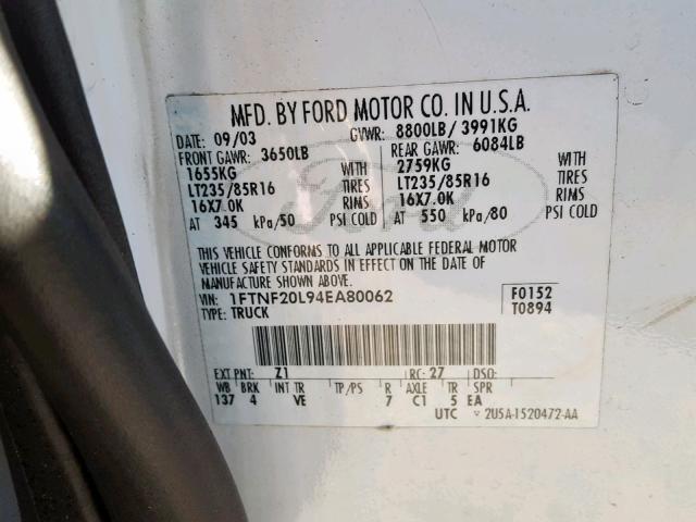 1FTNF20L94EA80062 - 2004 FORD F250 SUPER WHITE photo 10