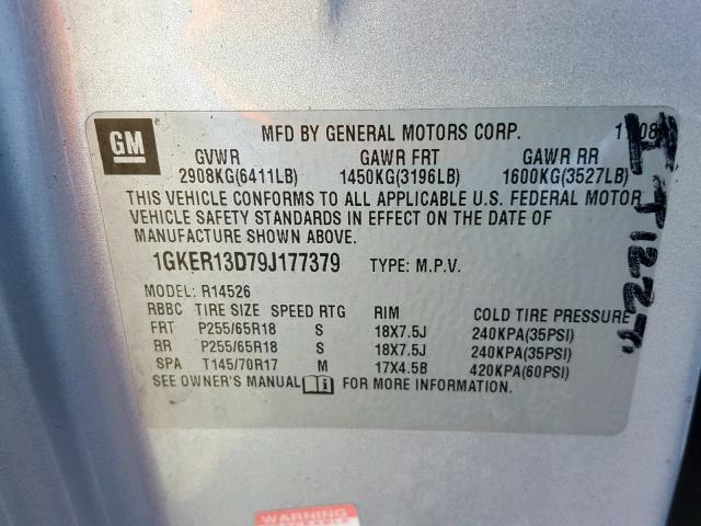 1GKER13D79J177379 - 2009 GMC ACADIA SLE SILVER photo 10