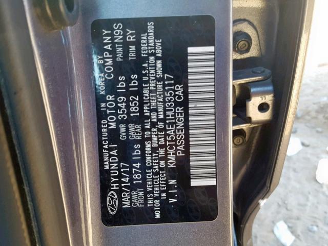 KMHCT5AE1HU335117 - 2017 HYUNDAI ACCENT SE GRAY photo 10