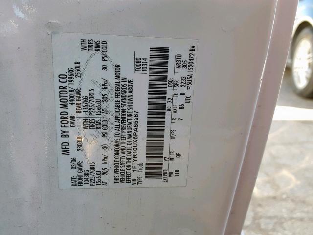 1FTYR10UX6PA85267 - 2006 FORD RANGER WHITE photo 10