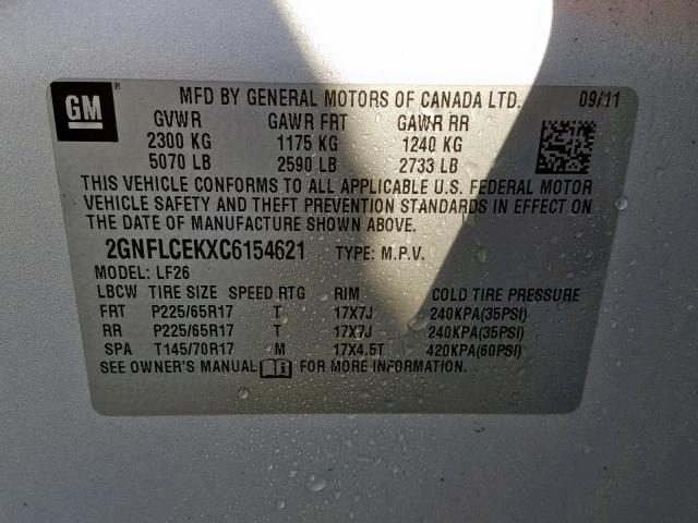 2GNFLCEKXC6154621 - 2012 CHEVROLET EQUINOX LS SILVER photo 10